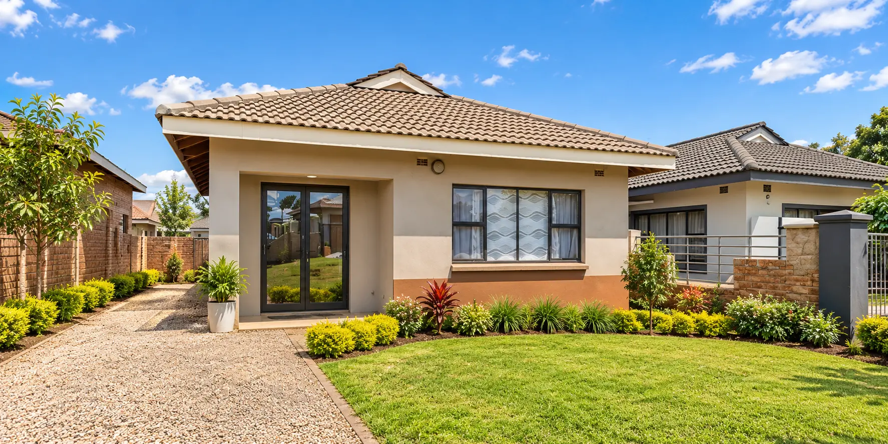 Compact tile-roofed family house with landscaped garden beds and gravel driveway