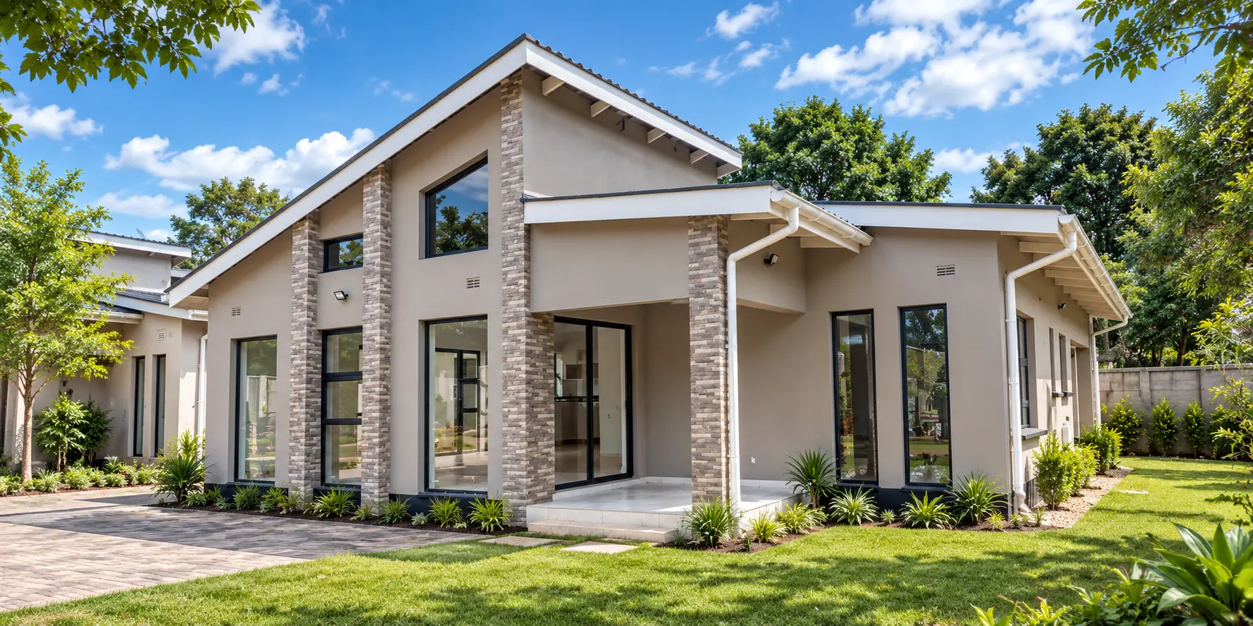 Newly built home with stone-clad pillars, tall windows and a pitched roof