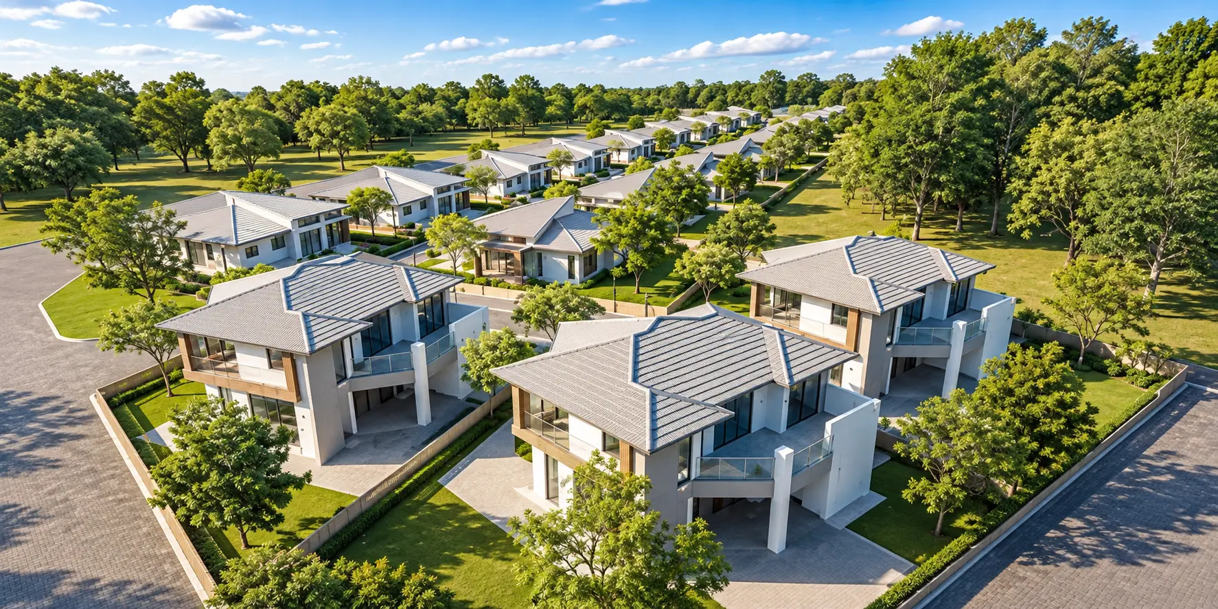 Aerial view of a modern gated cluster development set among mature trees