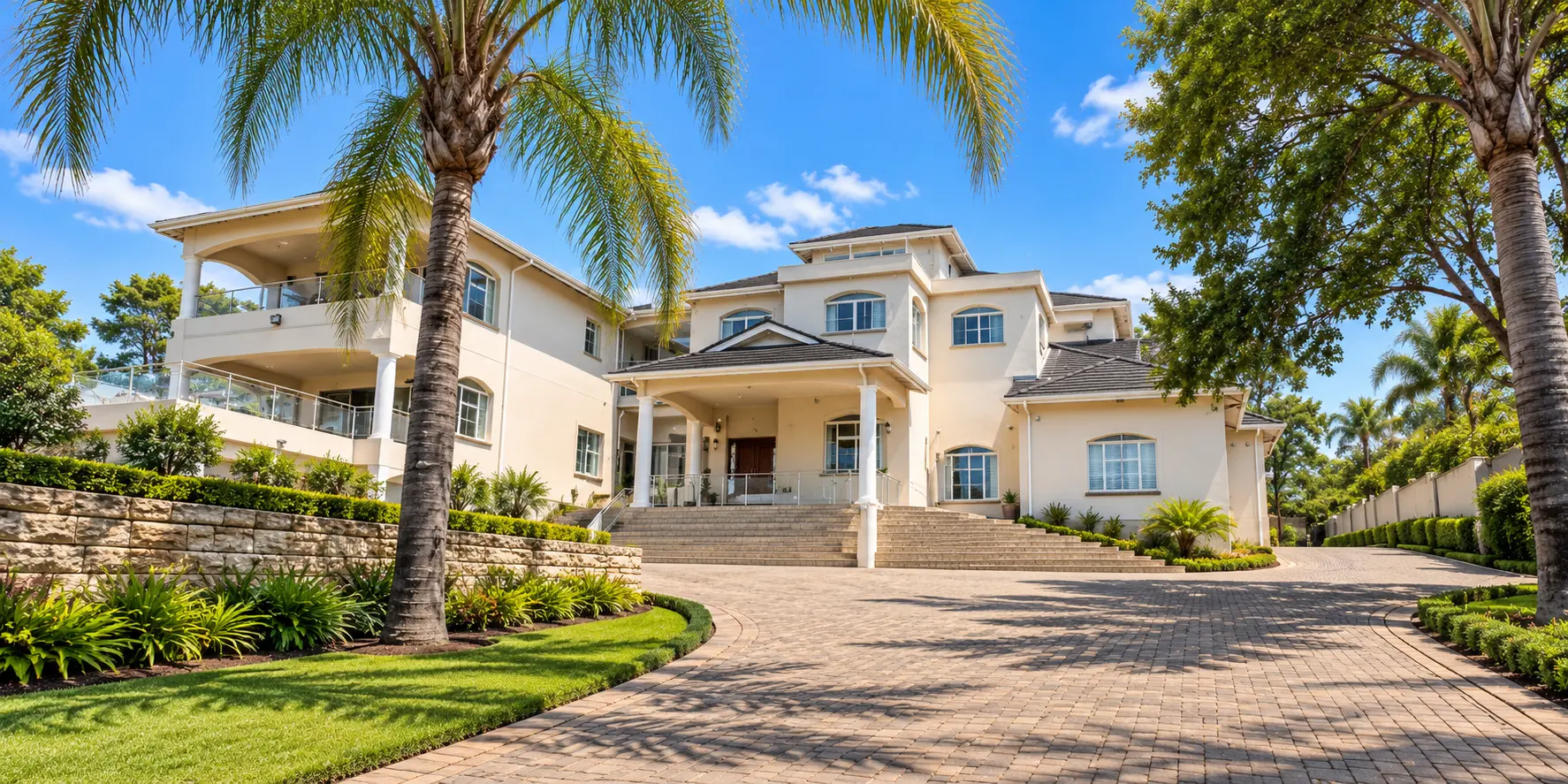 Large residence framed by palm trees with a sweeping paved driveway and terraced garden